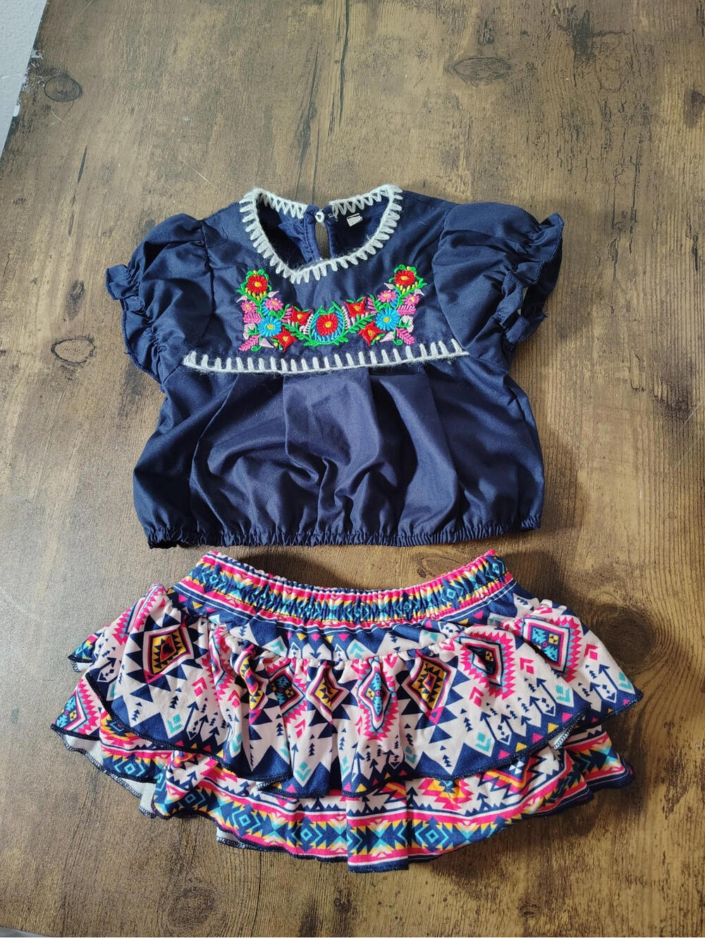 Baby Girl 12-18 mo Mexican Outfit Navy Crop Top Multicolor layered geom skirt.